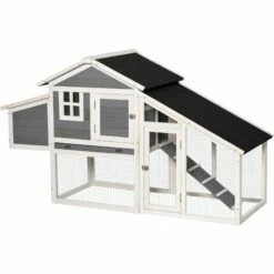 PawHut Poulailler Cottage Cage à Poules Surélevé Dim. 176L X 65l X 100H Cm Multi-équipement Toit Bitumé Noir Bois Sapin Gris Blanc - Gris