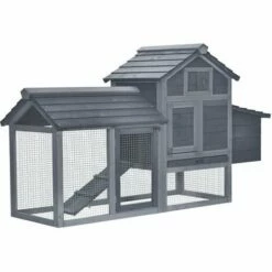 PawHut Petit Poulailler Cottage Cage à Poules Sur Pied Dim. 151L X 54l X 87H Cm Multi-équipement Bois Massif De Pin Gris