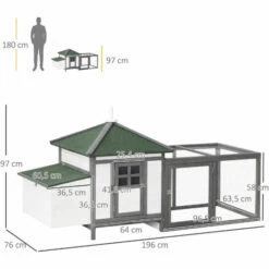 PawHut Poulailler Cottage Multi-équipement Perchoir Rampe Pondoir Enclos Tiroir à Déjection 196L X 76l X 97H Cm Bois Massif Pin Gris Blanc -POULAILLER ET ÉLEVAGE DE LA BASSE-COUR Ventes 6812291 3