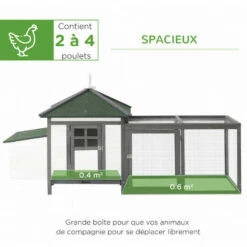 PawHut Poulailler Cottage Multi-équipement Perchoir Rampe Pondoir Enclos Tiroir à Déjection 196L X 76l X 97H Cm Bois Massif Pin Gris Blanc -POULAILLER ET ÉLEVAGE DE LA BASSE-COUR Ventes 6812291 4